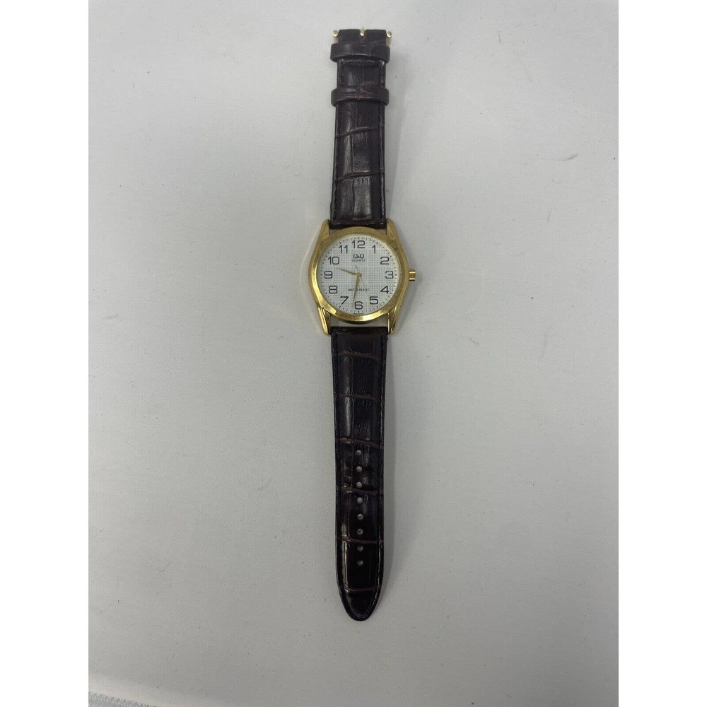 Q&Q Quartz Water Resist Brown Leather Gold Face Metal Bezel Wristwatch Men's